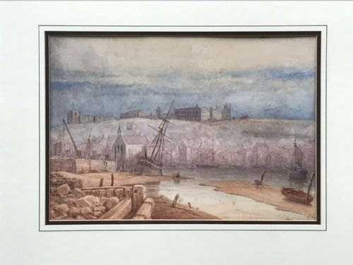 Early 19th Century English School Edwin Cockburn Signed Original Antique Watercolour Painting Whitby Harbour, St Mary's Church & Abbey Beyond North Yorkshire Seascape