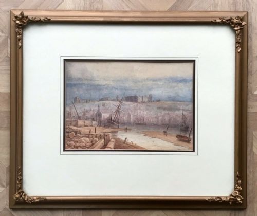 fig 1. Early 19th Century English School Edwin Cockburn Signed Original Antique Watercolour Painting Whitby Harbour, St Mary's Church & Abbey beyond North Yorkshire Seascape
