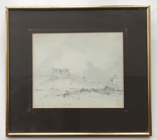 George Balmer (1806-1846) Original Antique English Pencil Drawing Bamburgh Castle Early 19th Century Northumberland Seascape