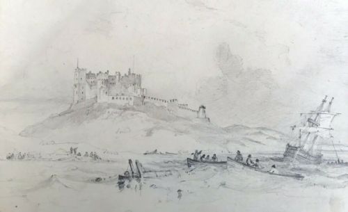 fig 1. George Balmer (1806-1846) Original Antique English Pencil Drawing Bamburgh Castle Early 19th Century Northumberland Seascape
