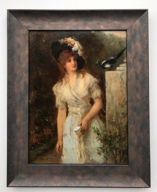 William Oliver Original 19th Century English Antique Oil Painting on Wood Panel Young Lady with Teacup, Spoon & Magpie