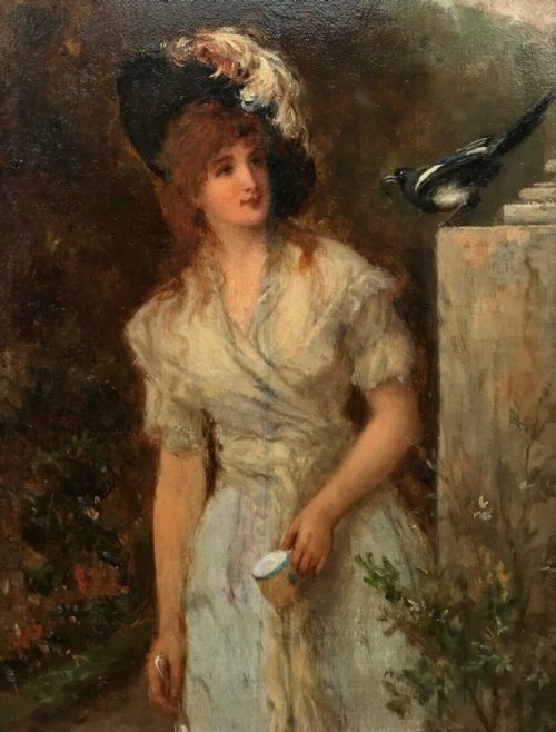 fig 1. William Oliver Original 19th Century English Antique Oil Painting on Wood Panel Young Lady with Teacup, Spoon & Magpie
