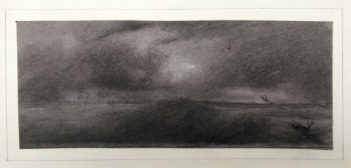 Antique Original Pastel Charcoal Study Drawing Stormy Coastal Landscape Scene
