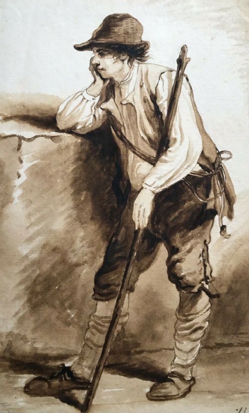 English School (19th Century) Peasant Child with Staff, Original Monochrome Grisaille Watercolour Painting