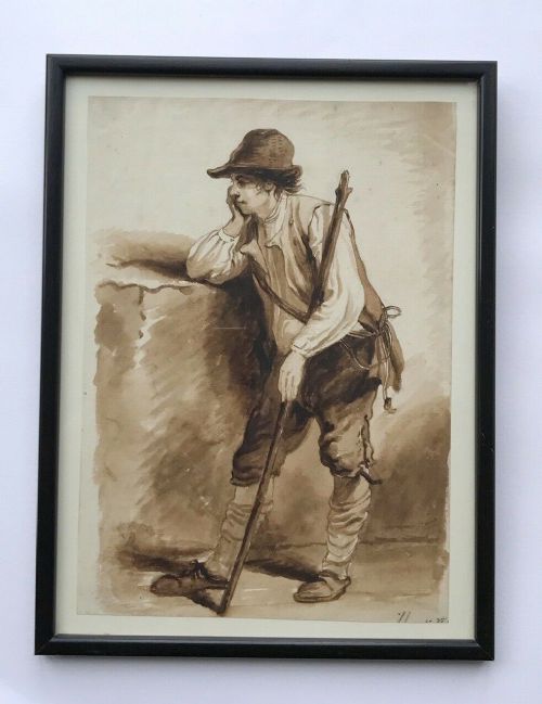 fig 1. English School (19th century) Peasant Child with Staff, Original Monochrome Grisaille Watercolour painting