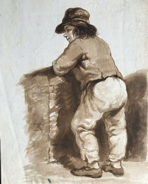 19th Century English School Peasant Boy Original Grisaille Watercolour Painting