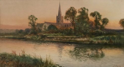 Daniel Sherrin Signed Original Antique Watercolour Painting River Landscape with Church in Glazed Frame