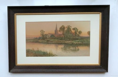 fig 1. Daniel Sherrin Signed Original Antique Watercolour Painting River Landscape with Church in Glazed Frame