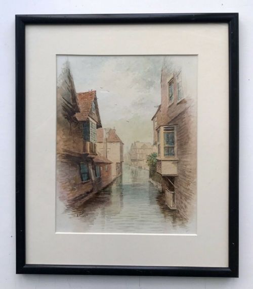 F J Lees 1894 Original 19th Century English Antique Watercolour Painting the King's River Canterbury Kent Landscape