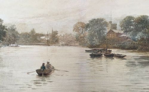 F J Lees 1895 Original 19th Century English Antique Watercolour Painting 'Twickenham Ferry Thames London' River Landscape