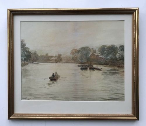 fig 1. F J Lees 1895 Original 19th Century English Antique Watercolour Painting 'Twickenham Ferry Thames London' River Landscape