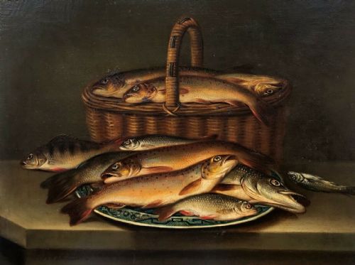James Birmingham Coleman Signed Original 19th Century English Oil Painting on Canvas Fish & Basket Still Life Fishing Study