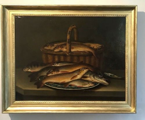 fig 1. JAMES BIRMINGHAM COLEMAN Signed Original 19th Century English Oil Painting on Canvas Fish & Basket Still Life Fishing Study