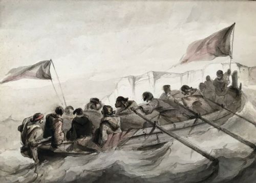 Original 19th Century Antique Watercolour Painting Men Rowing North African Moorish Figures with Flags