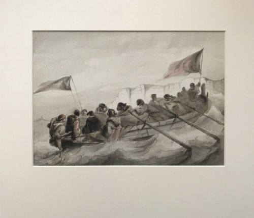 fig 1. Original 19th Century Antique Watercolour Painting Men Rowing North African Moorish Figures with Flags