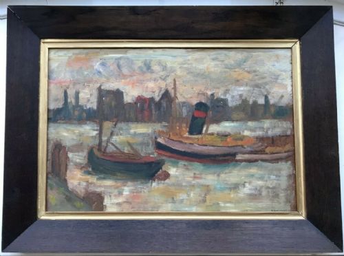 Manner of Samual Halpert Original Signed S Halpert Antique Oil Painting on Board Tug Boat Seascape