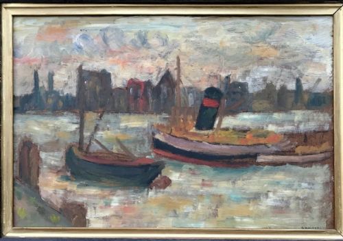 fig 1. Manner of Samual Halpert Original Signed S Halpert Antique Oil Painting on Board Tug Boat Seascape