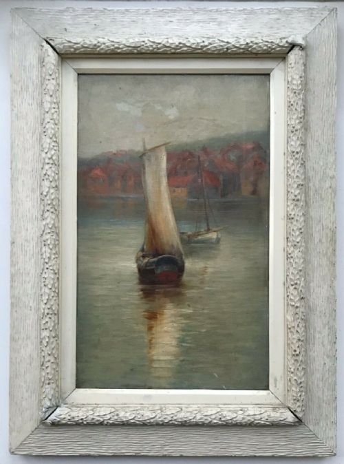 English School Original Antique Oil Painting on Canvas Fishing Boats in Whitby Harbour Yorkshire Seascape