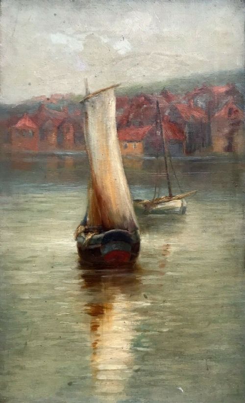 fig 1. English School Original Antique Oil Painting on Canvas Fishing Boats in Whitby Harbour Yorkshire Seascape