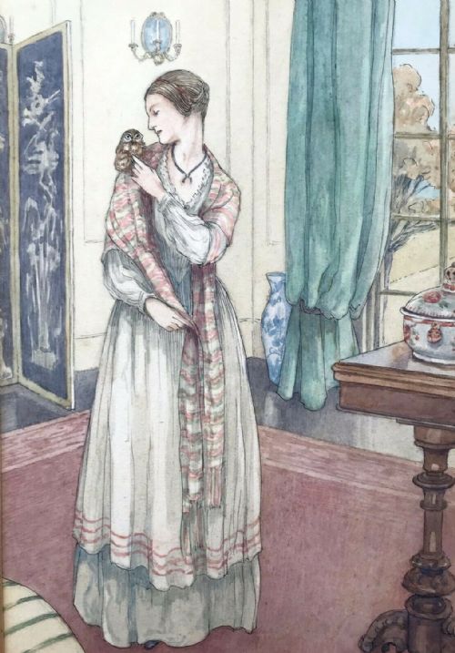 Mary Wheelhouse Original Early 20th Century Antique Watercolour Painting Florence Nightingale & Pet Owl Book Illustration