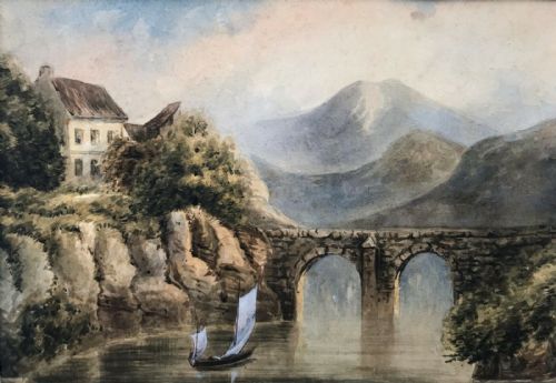 Charles James Lewis Ri Signed Original 19th Century Antique Watercolour Painting Boat & Viaduct Landscape