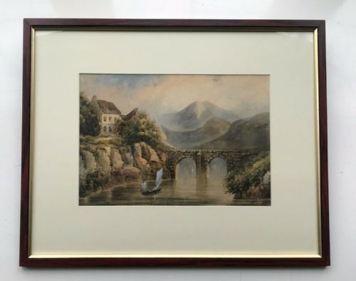 fig 1. Charles James Lewis RI Signed Original 19th Century Antique Watercolour Painting Boat & Viaduct Landscape