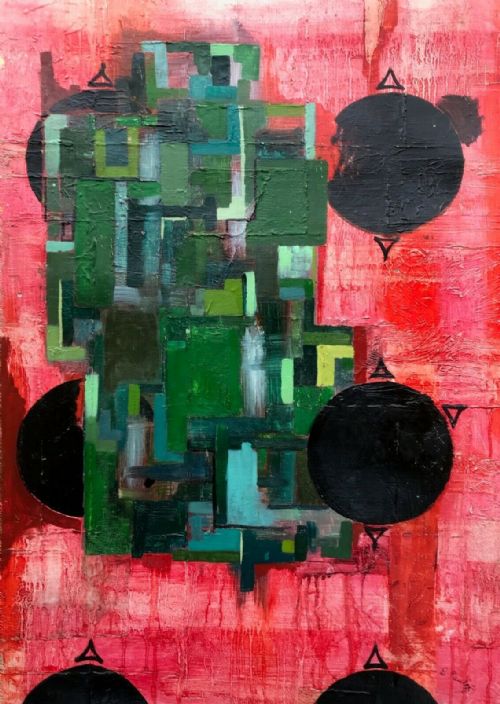 Manner of Eduardo Paolozzi Mid 20th Century Acrylic Abstract Painting in Red & Green on Canvas Bears a Signature