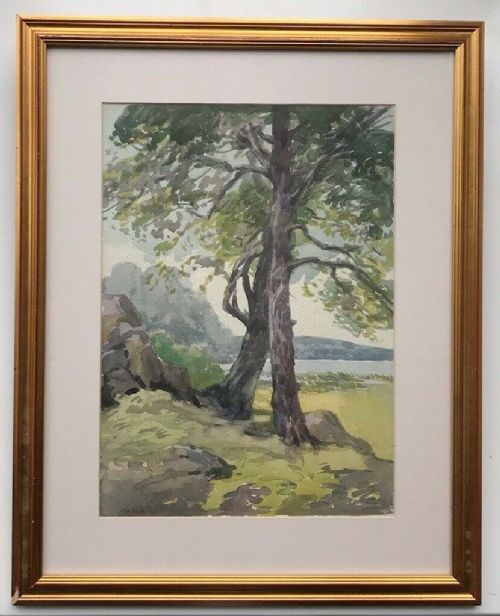 John Arthur Dees Signed Original Early 20th Century Watercolour Painting Tree Lakeside English Landscape