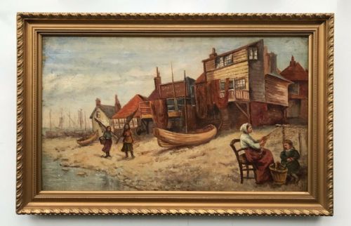 Dutch School Original Antique Oil Painting Coastal Seascape Scene Figures Lady Mending Nets