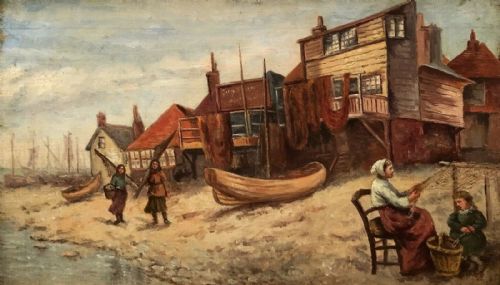 fig 1. Dutch School Original Antique Oil Painting Coastal Seascape Scene Figures Lady Mending Nets