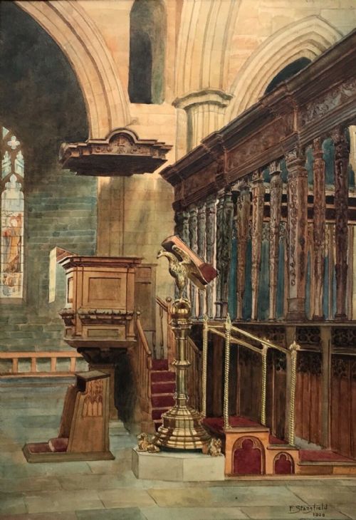 F Stanfield 1909 Signed Original English Antique Watercolour Painting Framed Church Interior Architecture Study