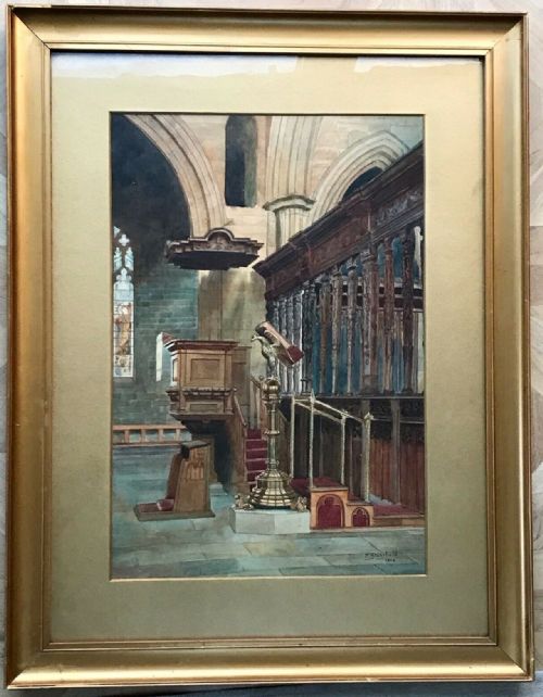 fig 1. F Stanfield 1909 Signed Original English Antique Watercolour Painting Framed Church Interior Architecture Study