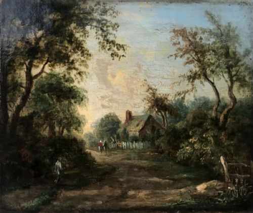 fig 1. Attributed to James Stark Norwich School Original 19th Century Antique Oil Painting on Canvas Figures & Cottage English Landscape