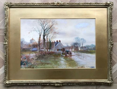 fig 1. Henry Charles Fox RBA Original 1900 signed English Antique Watercolour Painting Village Scene Country Landscape