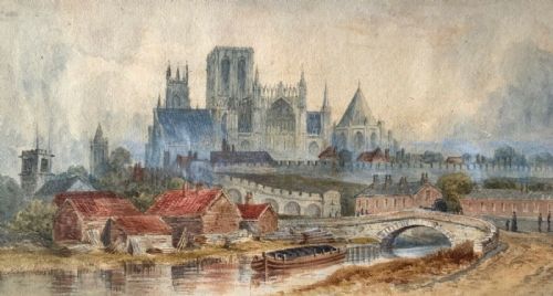 Original 1873 Monogrammed 19th Century English Antique Watercolour Painting View of York Minster from Jewbury & the River Foss