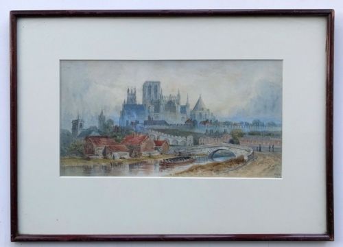 fig 1. Original 1873 Monogrammed 19th Century English Antique Watercolour Painting View of York Minster from Jewbury & the River Foss