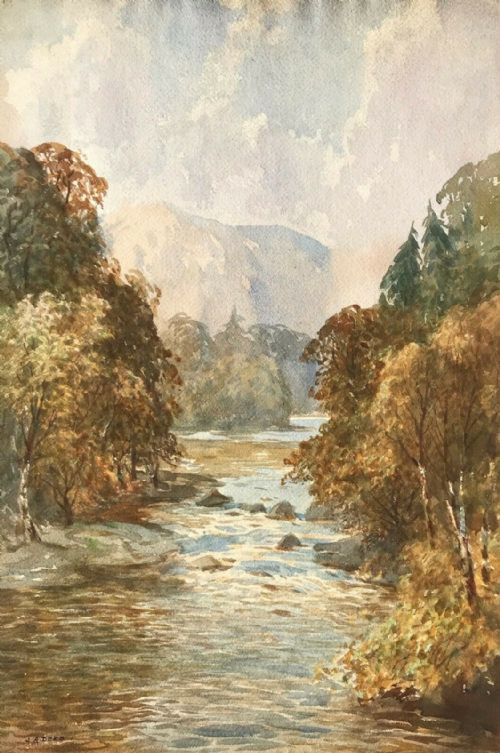 John Arthur Dees Signed Original Early 20th Century English Watercolour Painting River Brathay, Langdale Valley, Lake District Landscape