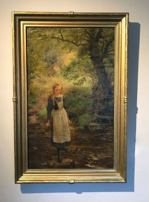 fig 1. Manner of Sir George Clausen Original Signed Antique Oil Painting Girl by Stream