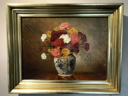 British School Original Antique Oil Painting on Canvas Still Life Study Flowers in a Blue & White Vase