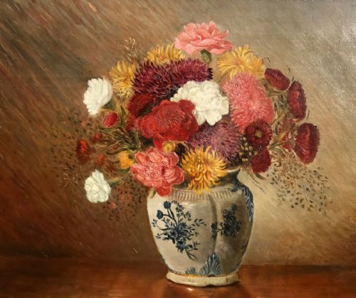 fig 1. British School Original Antique Oil Painting on Canvas Still Life Study Flowers in a Blue & White Vase