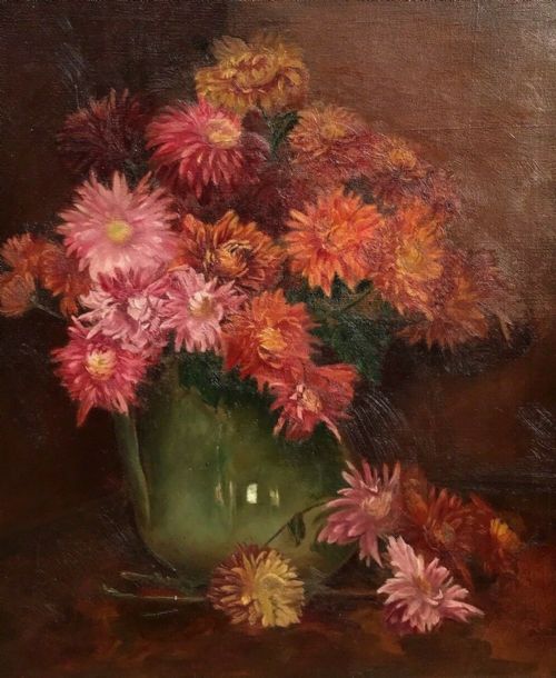 British School Original Antique Oil Painting on Canvas Still Life Study Flowers in a Green Jug