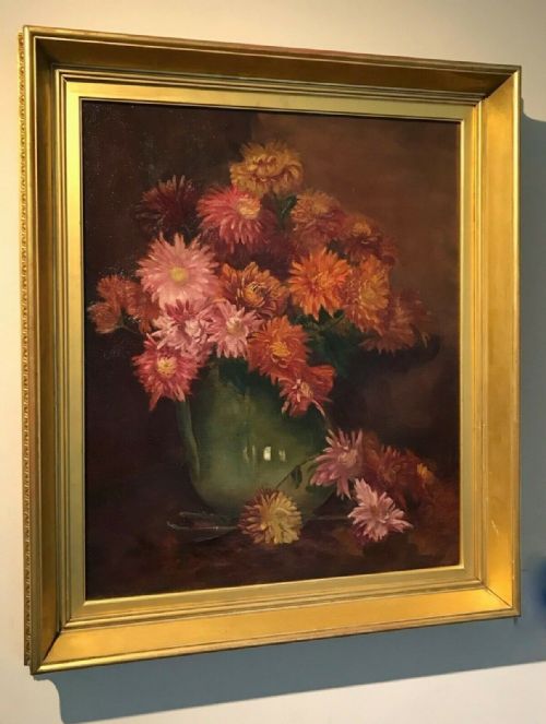 fig 1. British School Original Antique Oil Painting on Canvas Still Life Study Flowers in a Green Jug
