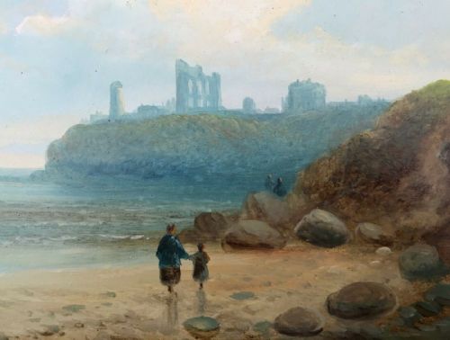 John G Atkinson Original Late 19th Century Antique Oil Painting Scene Near Tynemouth Abbey English Seascape