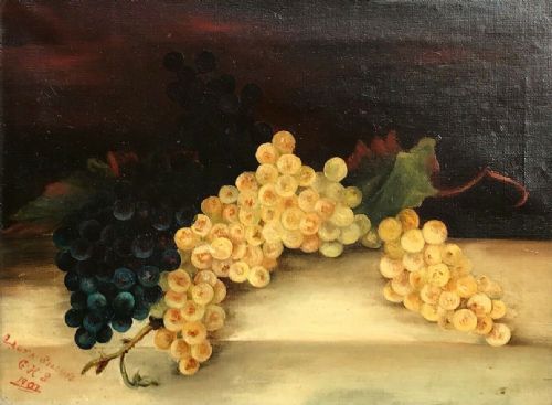 Still Life Study of Grapes Signed with Monogram 1907 Original Antique Oil Painting on Canvas