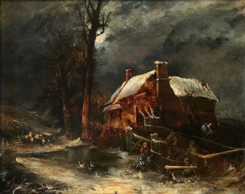 fig 1. W Lambert 1801 Signed Original early 19th Century English Antique Oil Painting on Canvas Moonlight Moonlit Farmhouse Landscape