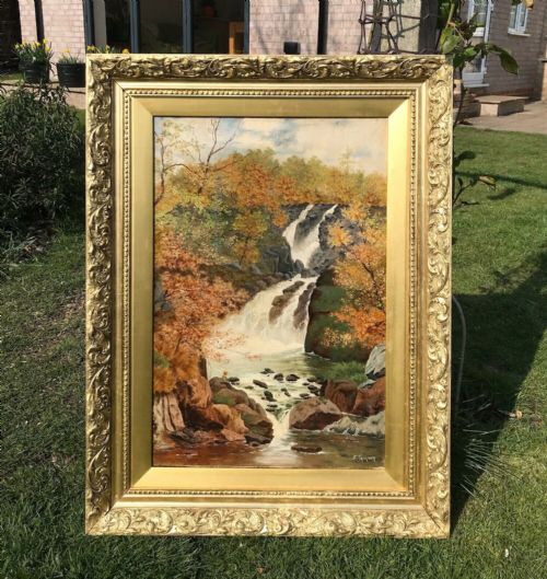 F Jackson Signed English School Original Antique Oil Painting on Canvas Figure in a Waterfall Landscape