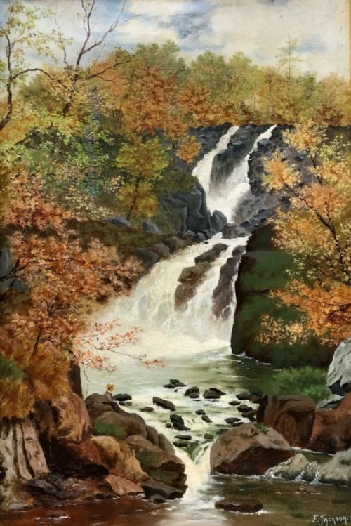 fig 1. F Jackson Signed English School Original Antique Oil Painting on Canvas Figure in a Waterfall Landscape