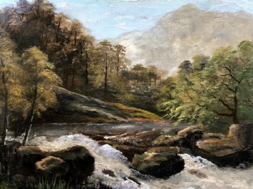 fig 1. Original 19th Century English School Antique Oil Painting Waterfall & River & Mountain Landscape 