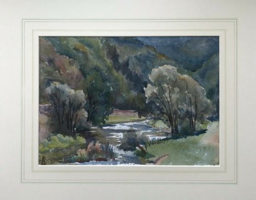 fig 1. English School Monogrammed Original Antique Watercolour Painting River Landscape