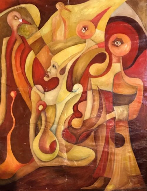 Signed Ej Burra Manner of Edward Burra Original Unframed Oil Painting on Loose Canvas Abstract Bird Seated Women
